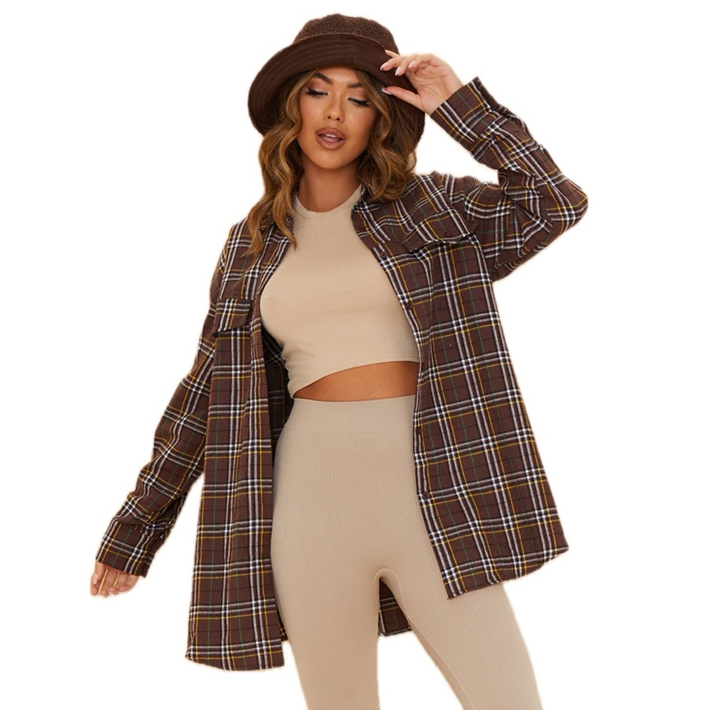 PrettyLittleThing Brown Checked Pocket Oversized Long Sleeve Plaid Shirt Size 4 - Picture 1 of 7
